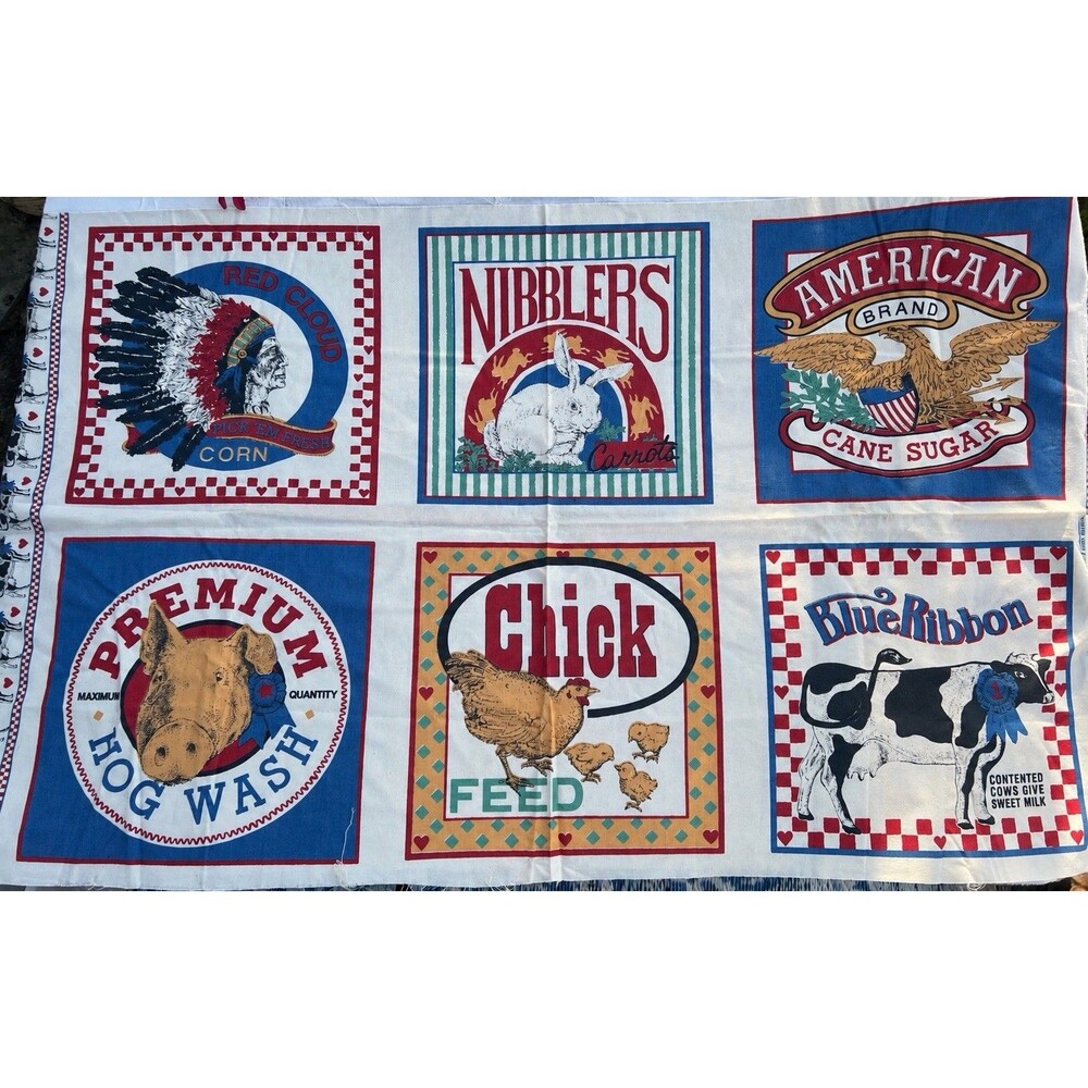 1993 Vintage Joan Kessler Concord Fabric Feed Sack Farm Animal 6 Panel Cottn USA